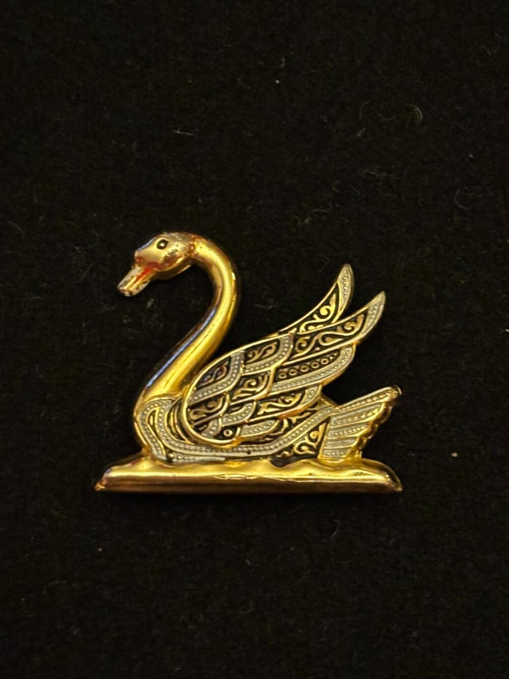 Vintage Damascene Swan Bird Brooch Gold Black Silver Enamel Signed Spain